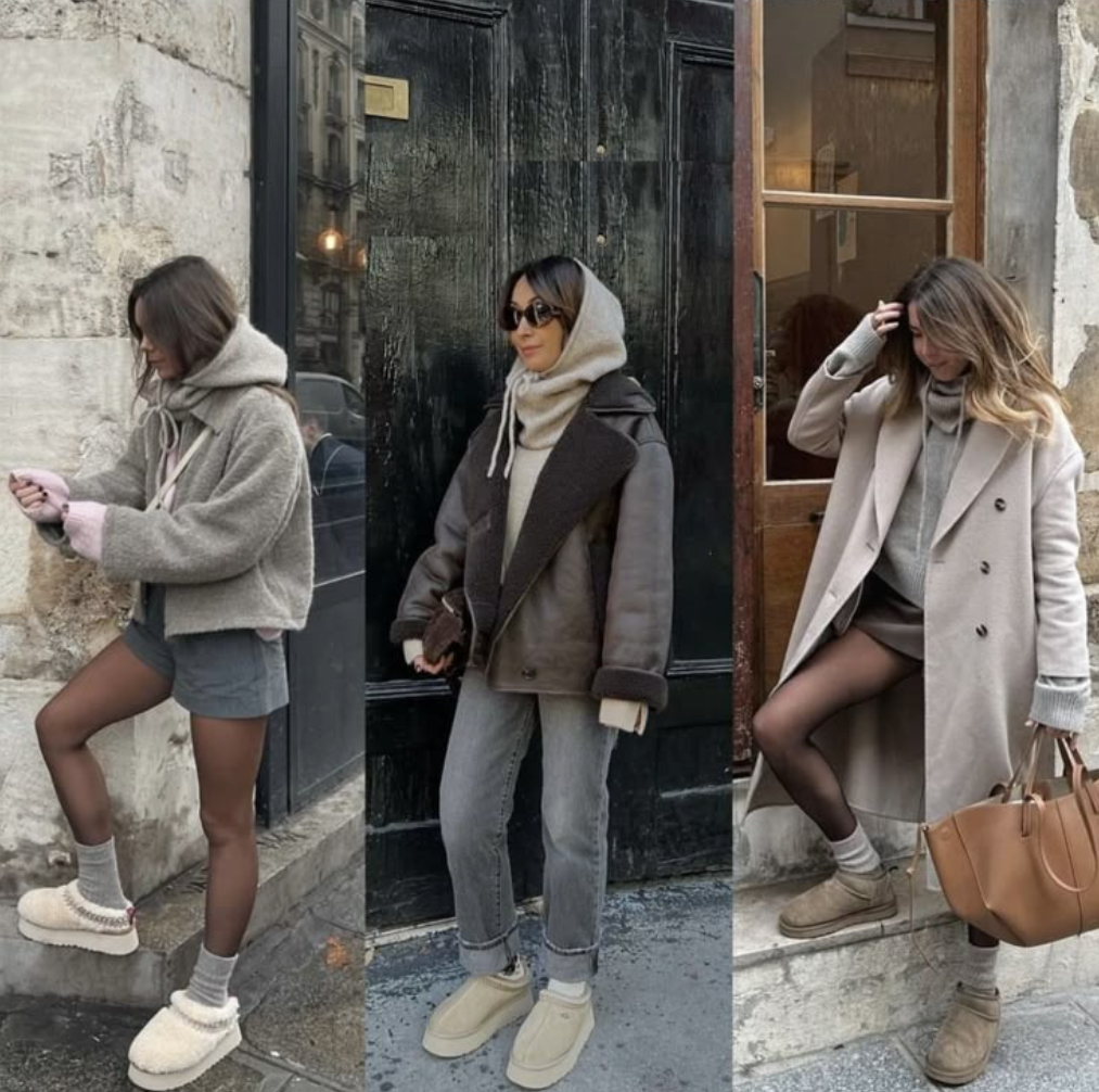 Drei Frauen posen vor urbanem Hintergrund mit schlichten Outfits und UGG Schuhen an
