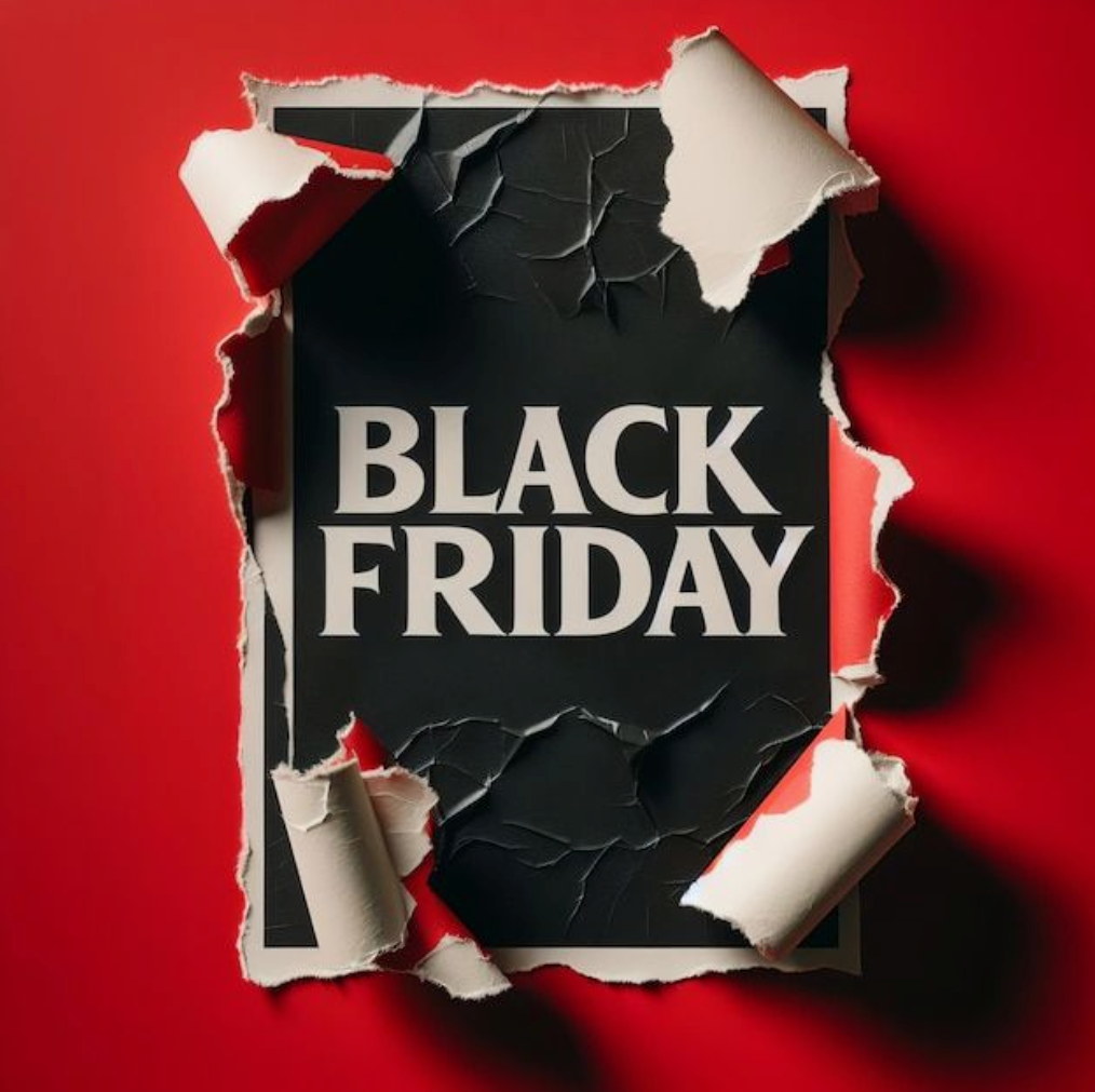 Black Friday schrift in weiß ausgepackt aus rotem Papier