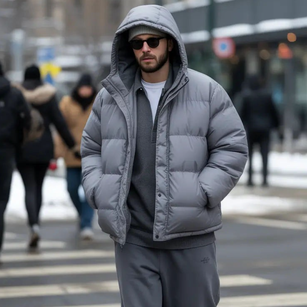 Mann auf der Straße mit grauer Puffer Jacket und grauem Tracksuit 