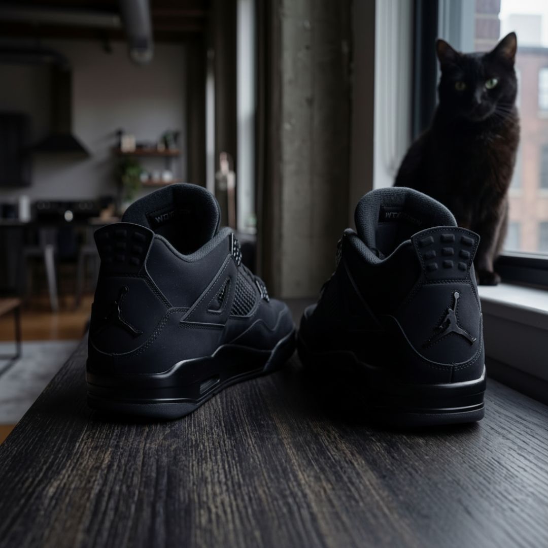 Jordan 4 Black Cat im Vordergrund. Dahinter sitzt eine schwarze Katze und im HIntergrund ist ein Teil der Wohnung zu sehen.