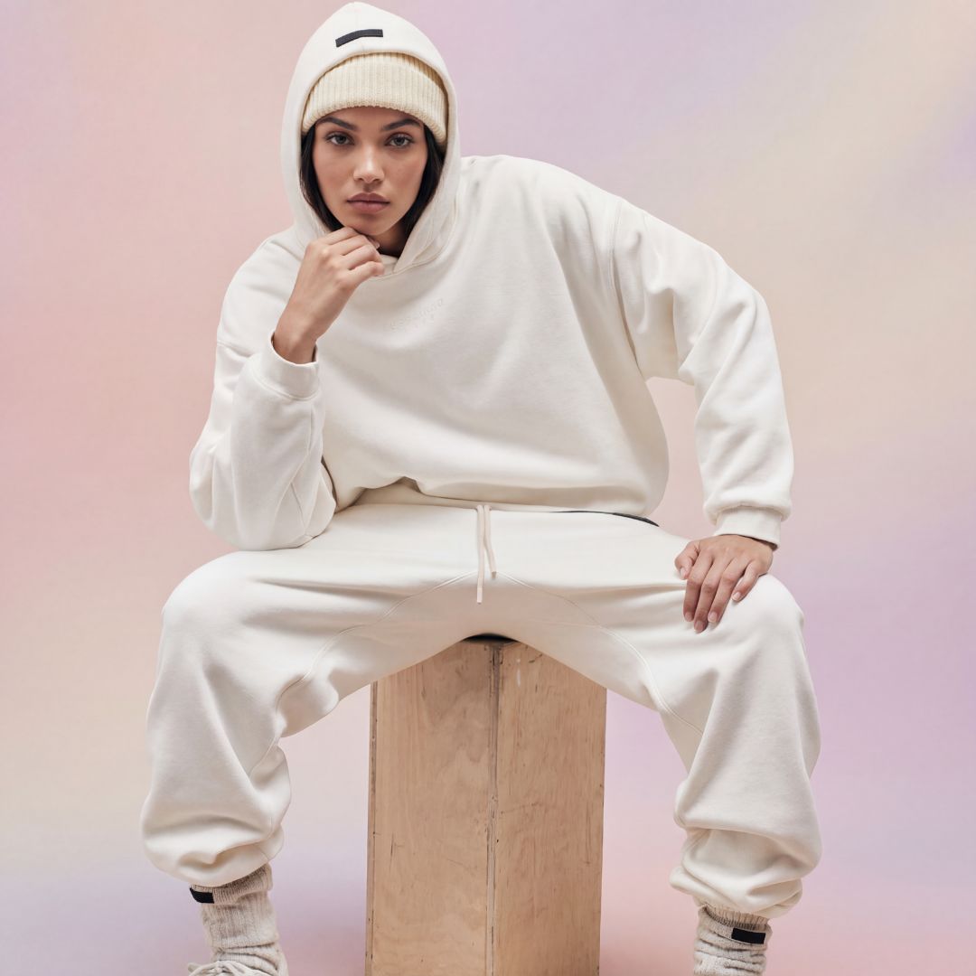 Mann mit weißer Jogginghose und Weißem Hoodie von fear Of God Essentials 