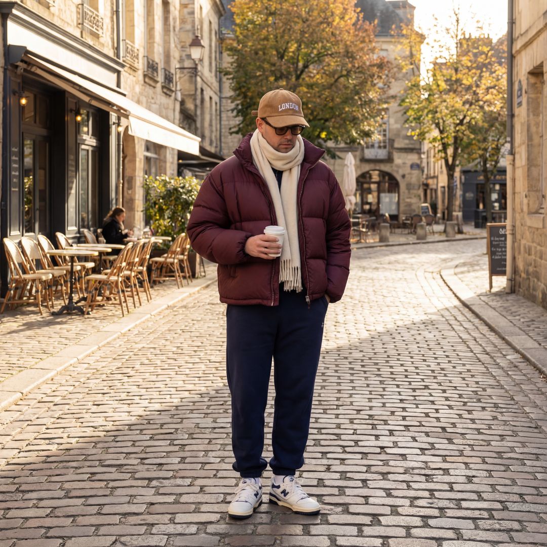 Asics Sneaker, graue Jogginghose und brauner Pufferjacke in urbanem Hintergund