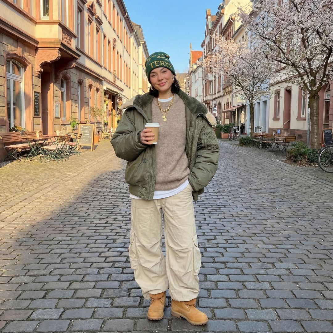 Frau steht auf Straße mit braunen Stiefeln, beiger Hose und braunem Pullover. Darüber hat sie eine grüne Winterjacke an. Sonne scheint.