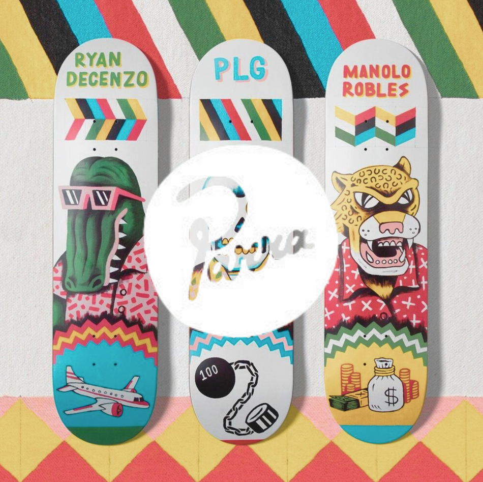 Parra Logo, drei bunte Skateboarddecks auf buntem Hintergund
