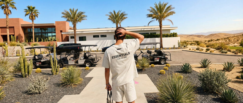 FEAR OF GOD ESSENTIALS logo mit einem Model mit grauem Essentials hoodie vor grauem Hintergund