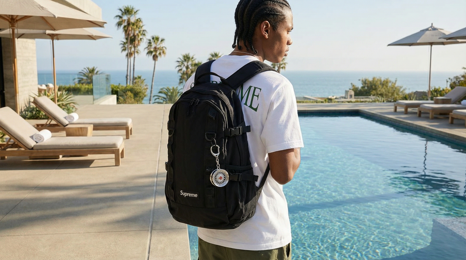 SUPREME Logo, Mann liegend auf eine Liege in roter Nike Supreme hose und weißem T Shirt mit einer Skyline im Hintergrund