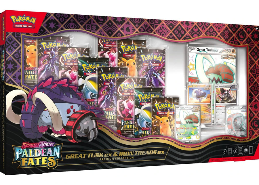 2025 Pokémon Scarlet & Violet Paldean Fates Great Tusk ex & Iron Treads ex Premium Collection Box