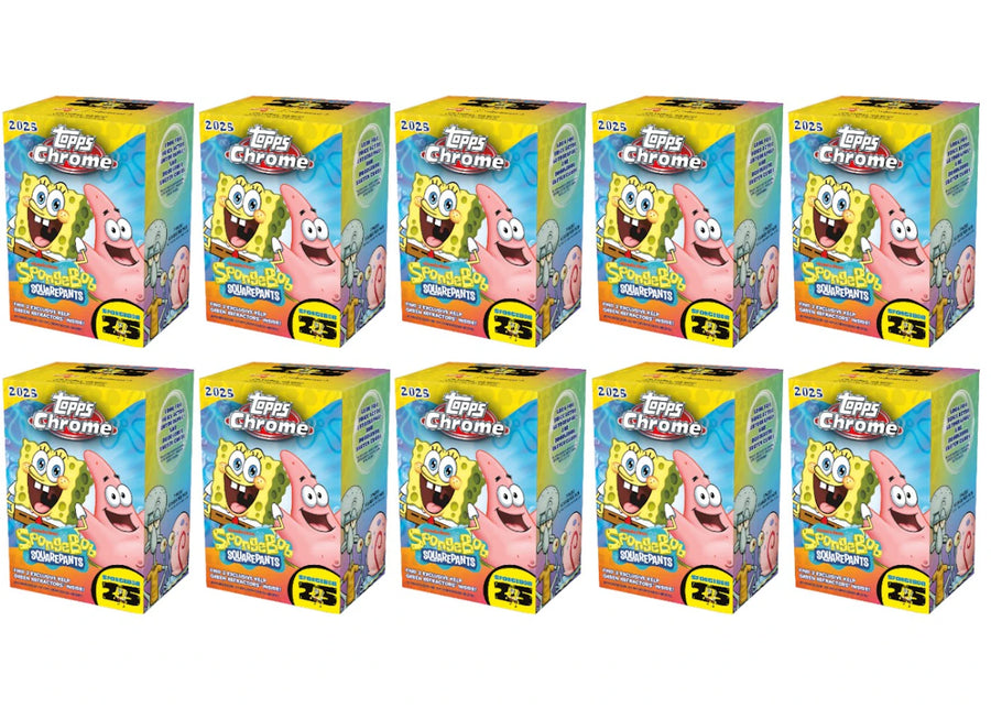 Lot de 10 boîtes de blasters Topps Chrome SpongeBob 25e anniversaire (édition 2025).