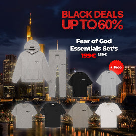 Fear Of god Essentials Hoodies, T Shirts und Sweatshirts in grau weiß und schwarz mit einer Skyline bei Nacht im Hintergund, Rabattiert auf 199€ je Set und gratis t Shrit dazu