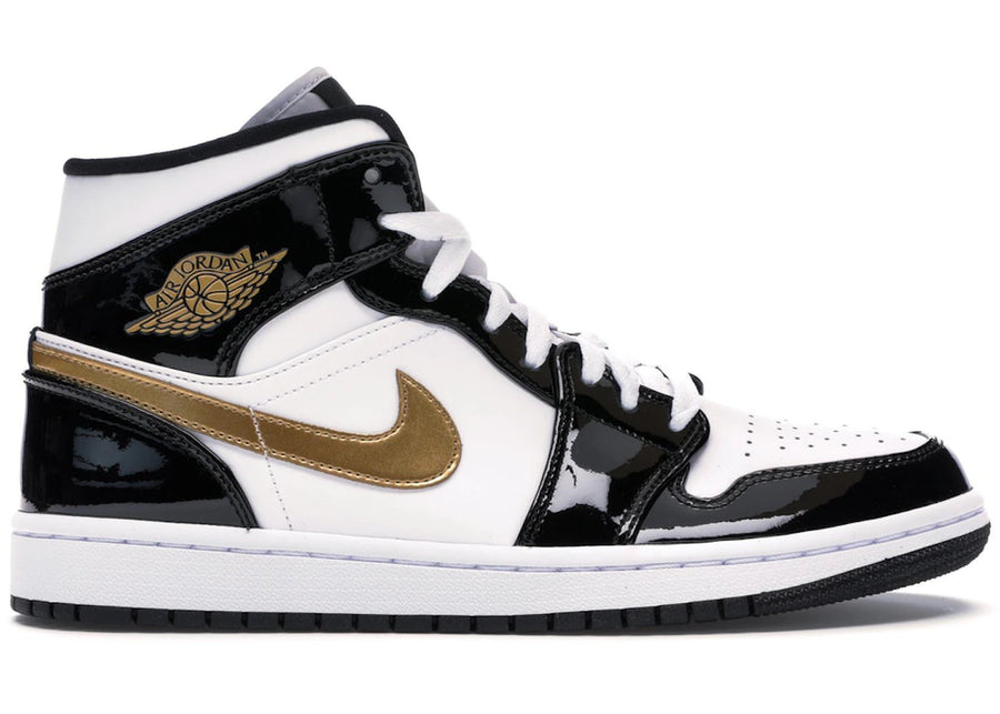Jordan 1 Mid Patent Noir Blanc Or