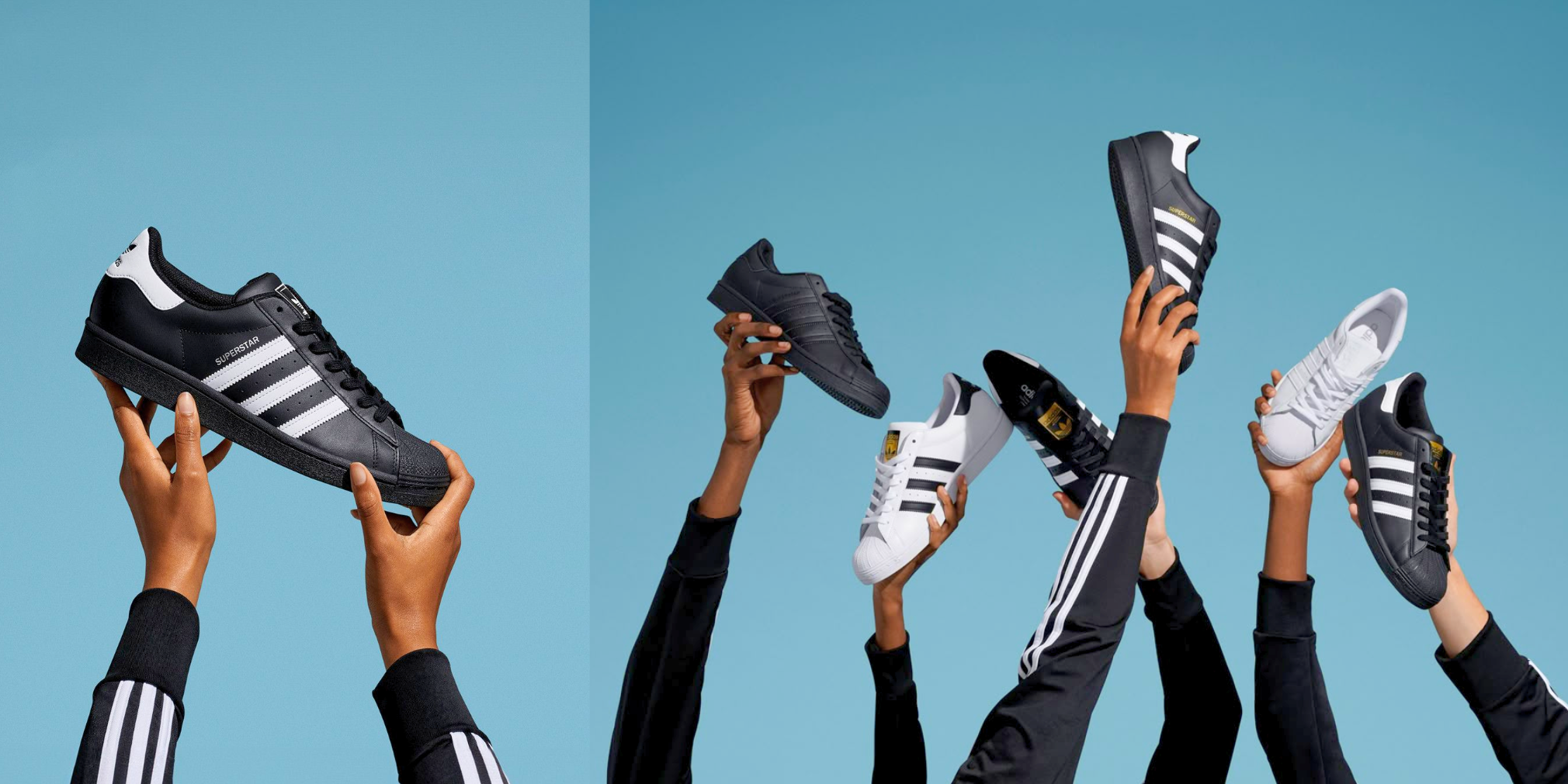 Adidas Superstar Sneaker in Schwarz und Weißen Farbkombinationen auf blauen Hintergund gehalten von vielen Armen.