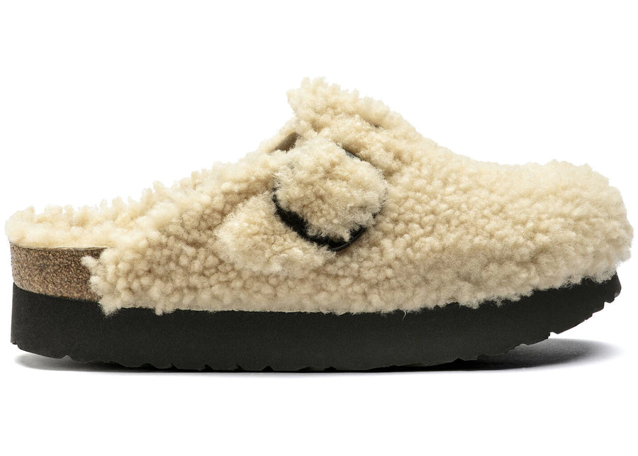 Birkenstock Boston Big Buckle Platform en peau lainée Teddy couleur coquille d'œuf