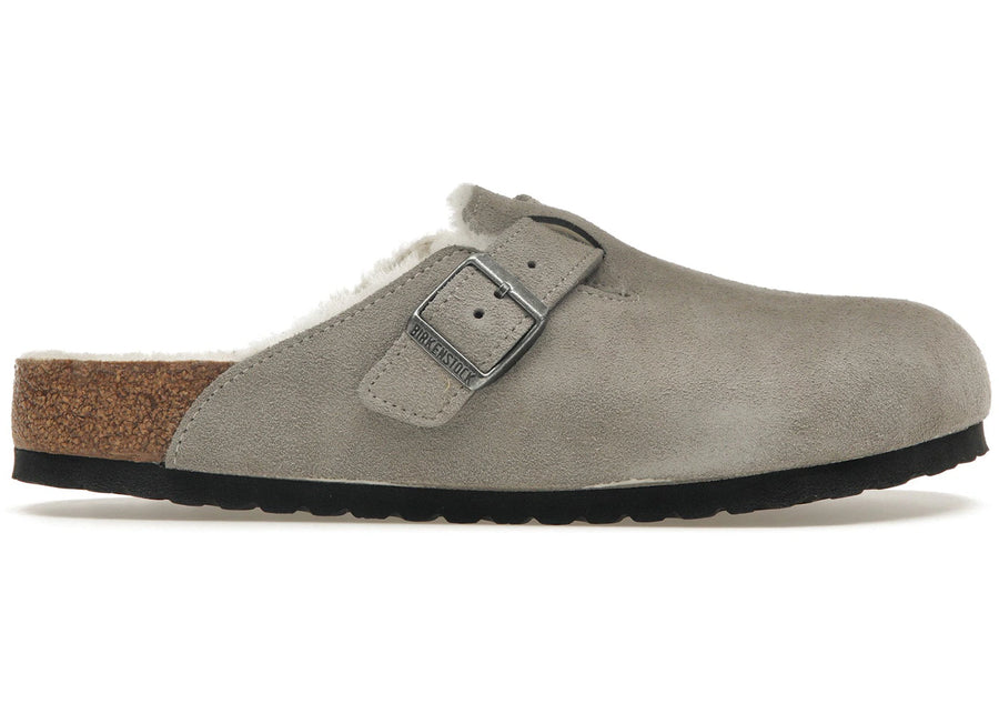 Birkenstock Boston en daim et peau lainée, couleur pierre