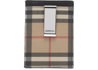 Burberry Vintage Check and Leather Money Clip Card Case 3 Slot Archive Beige