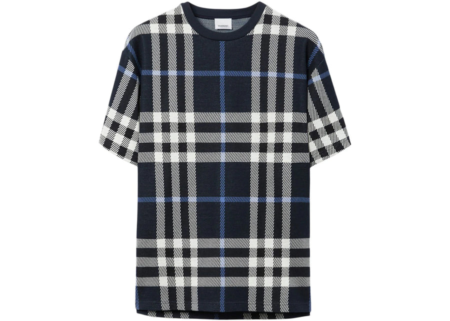 T-shirt Burberry à carreaux en coton blanc/bleu foncé