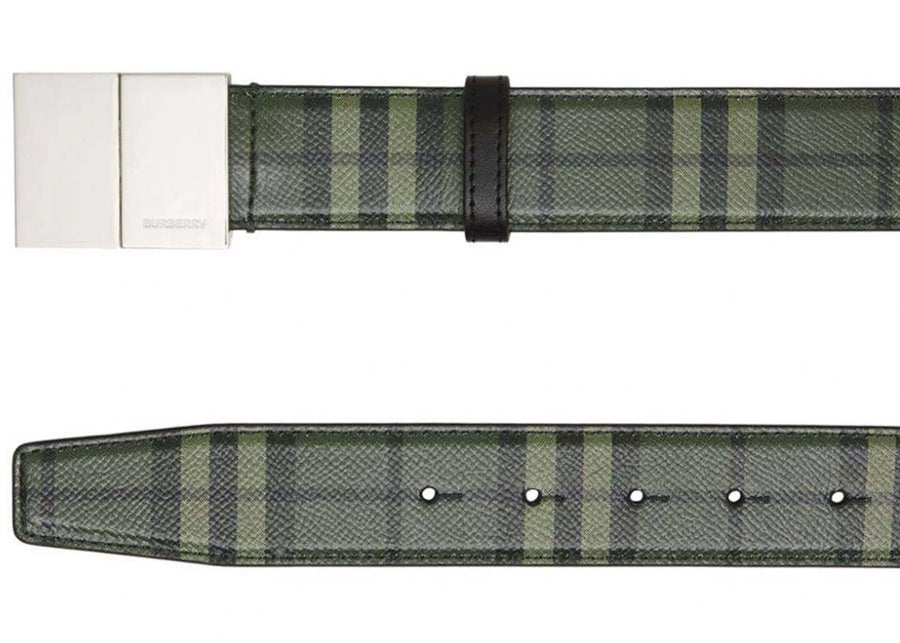 Ceinture en cuir à plaque à carreaux Burberry, vert militaire