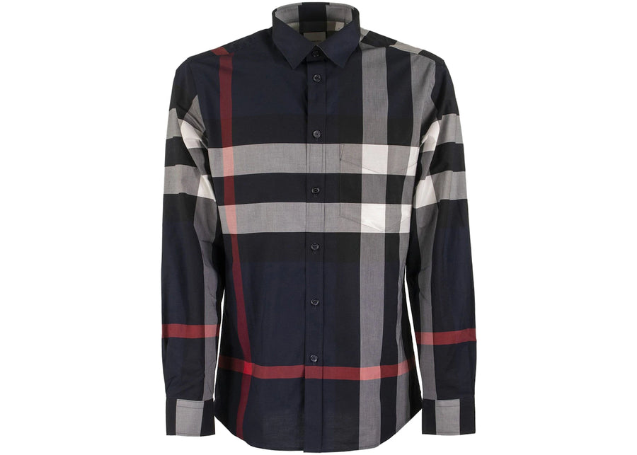 Burberry Check Stretch Cotton Poplin Shirt Navy