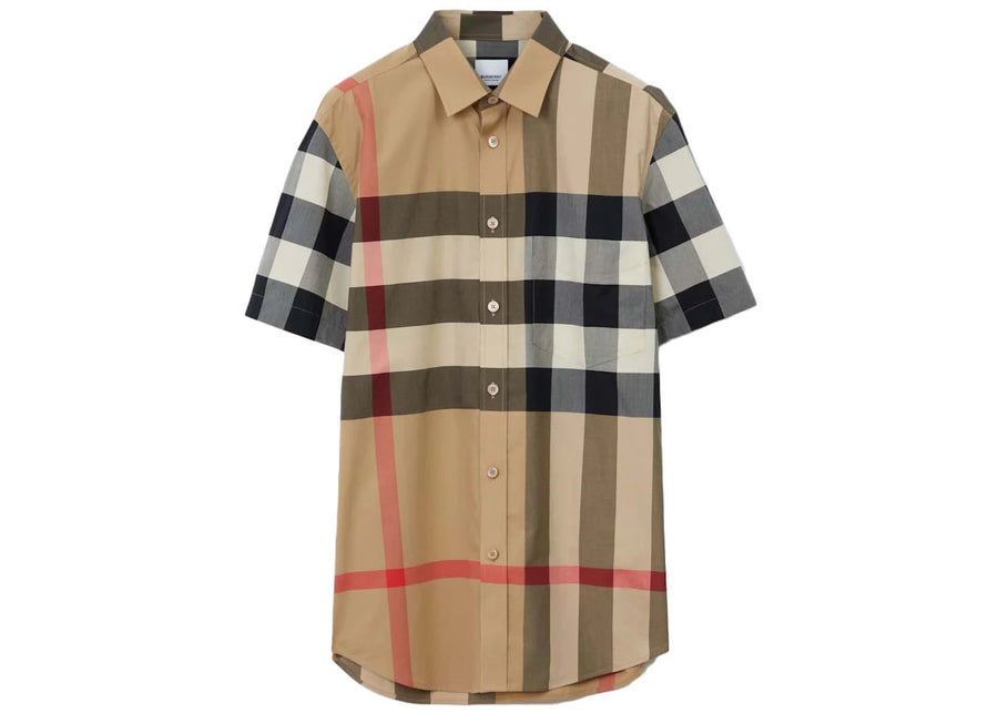 Chemise à carreaux Burberry en popeline stretch à manches courtes, beige archive