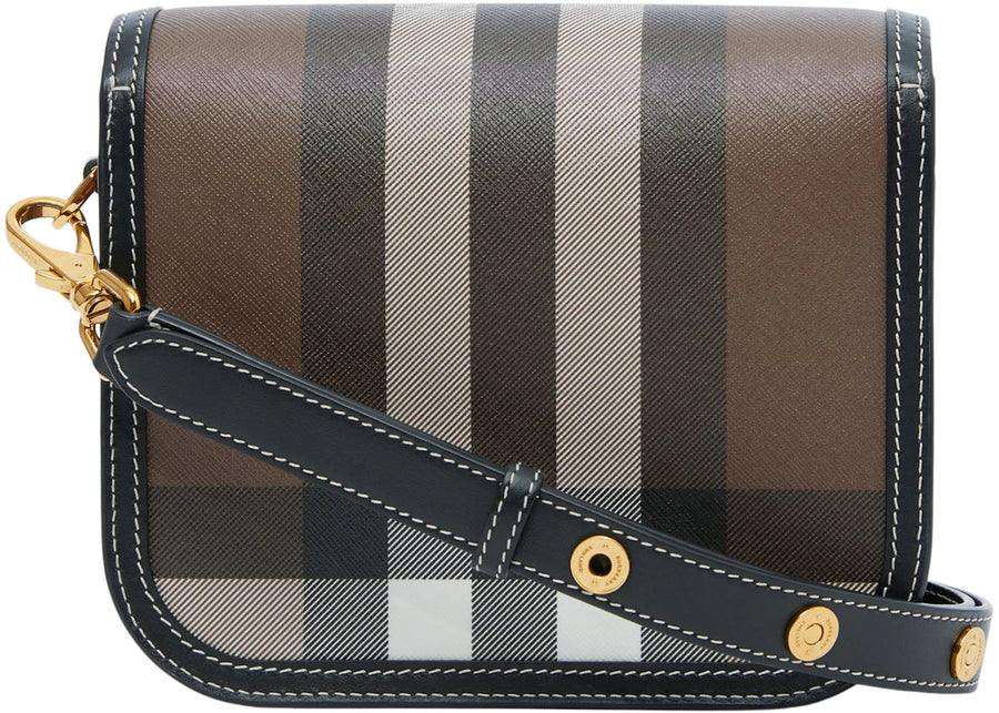 Sac Elizabeth Burberry à carreaux et cuir, petit modèle, marron foncé