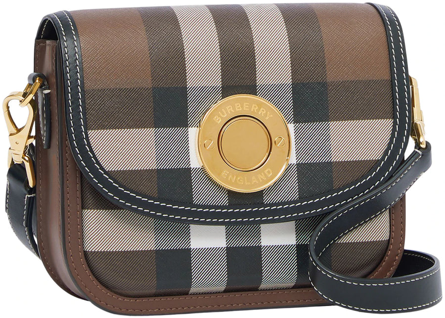 Sac Elizabeth Burberry à carreaux et cuir, petit modèle, marron foncé