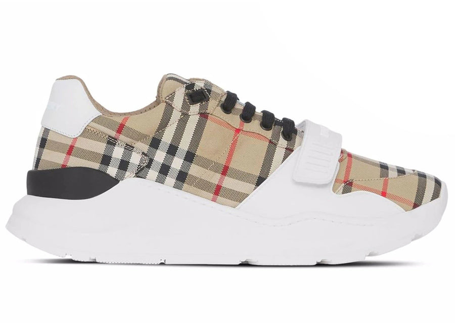 Baskets Burberry à carreaux et cuir, coloris beige (femme)