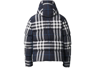 Doudoune Burberry à capuche amovible Night Check, blanc/bleu anthracite foncé