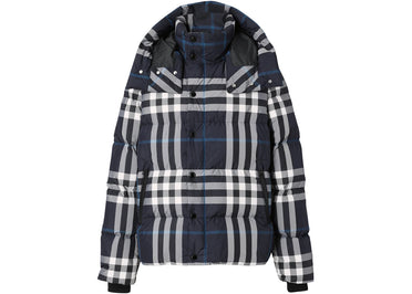 Doudoune Burberry à capuche amovible Night Check, blanc/bleu anthracite foncé