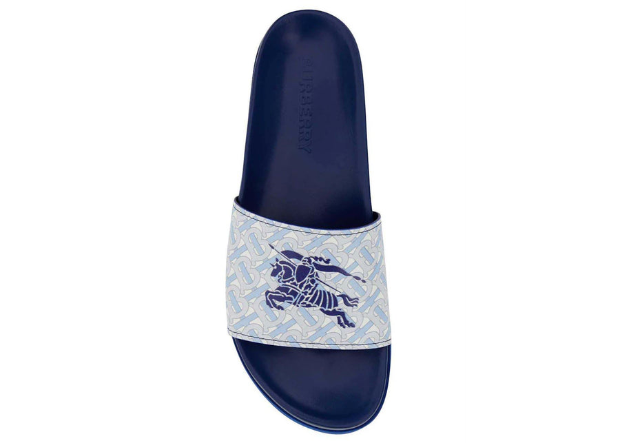 Burberry EKD Monogram-Print Leather Slides Blue