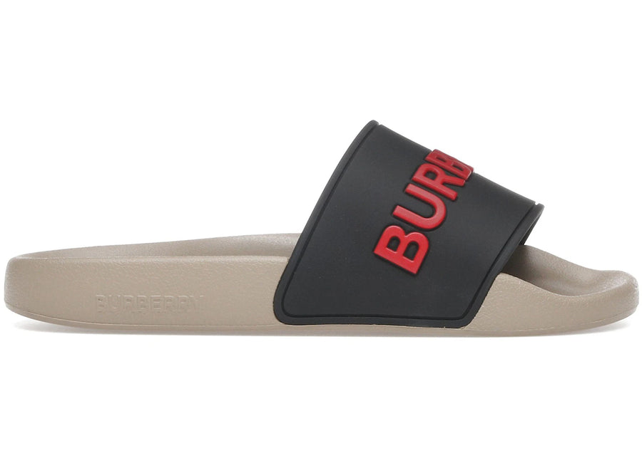 Mules Burberry à logo en relief, noires, rouges et beiges (Femme)
