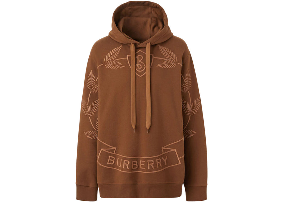 Sweat à capuche Burberry en coton, orné d'une feuille de chêne brodée, marron foncé