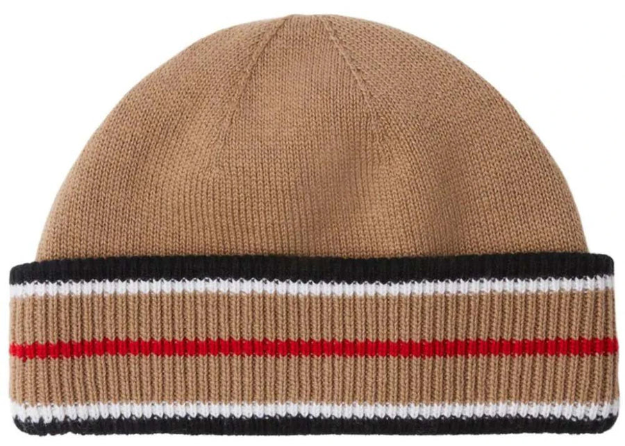 Bonnet Burberry à rayures emblématiques en maille camel