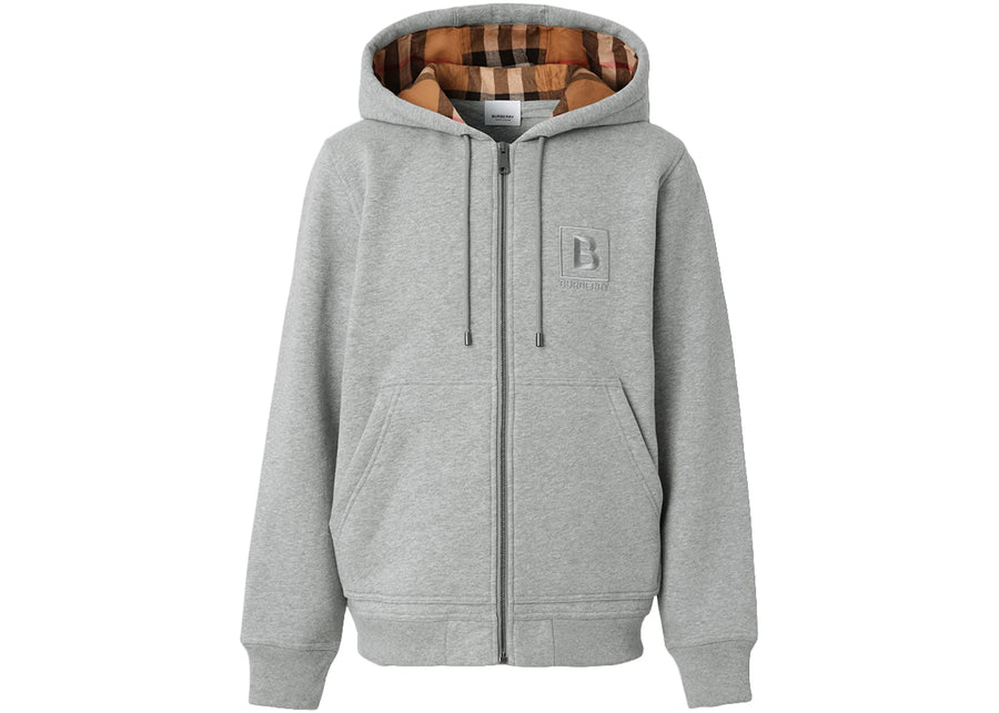 Burberry Letter Graphic Cotton Blend Zip Hoodie Pale Gray Melange