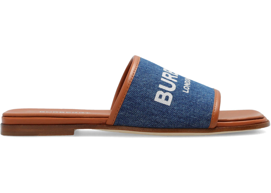 Sandales pantoufles Burberry à logo imprimé, en denim bleu et beige (Femme)