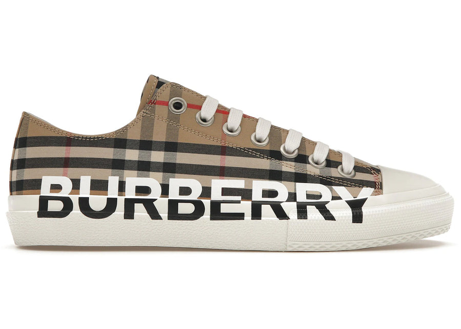 Baskets en coton à carreaux vintage imprimé logo Burberry, beige Archive (Femme)