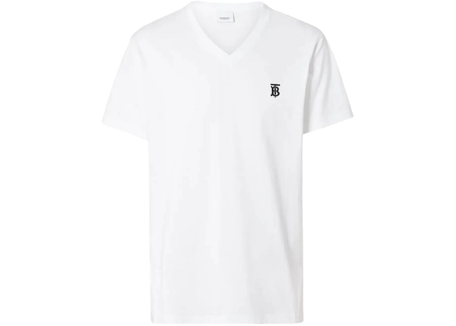 T-shirt blanc à col en V brodé du monogramme Burberry