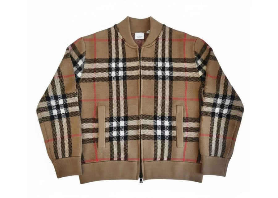 Veste zippée en maille à carreaux Burberry Morland, couleur taupe