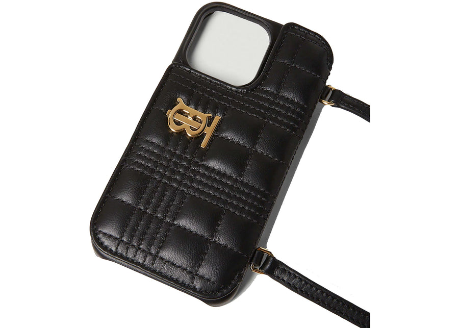 Étui Burberry Lola matelassé en cuir d'agneau pour iPhone 13 Pro avec dragonne, noir.