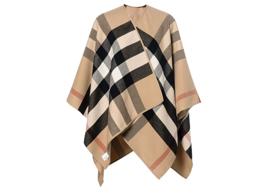 Poncho réversible Burberry en laine mérinos à carreaux camel/beige archive