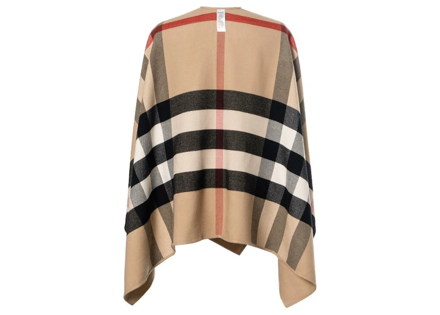 Poncho réversible Burberry en laine mérinos à carreaux camel/beige archive