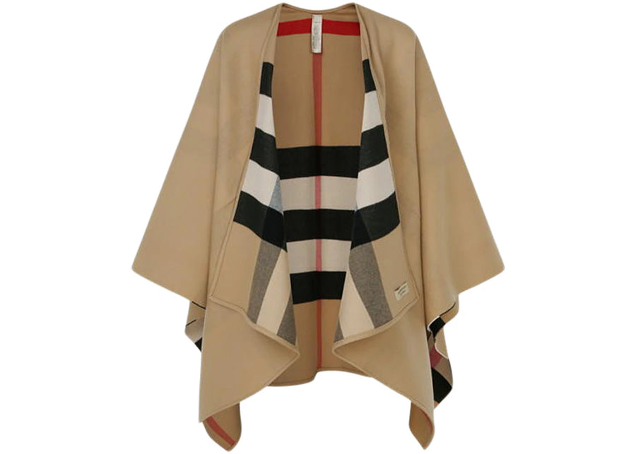 Poncho réversible Burberry en laine mérinos à carreaux camel/beige archive