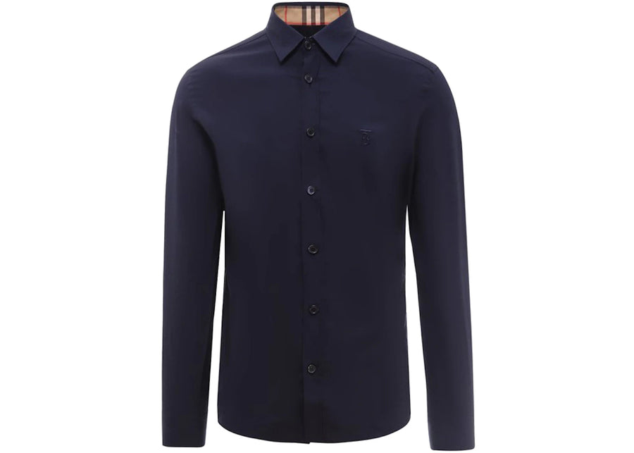 Chemise Burberry slim fit à motif monogramme en popeline de coton stretch bleu marine