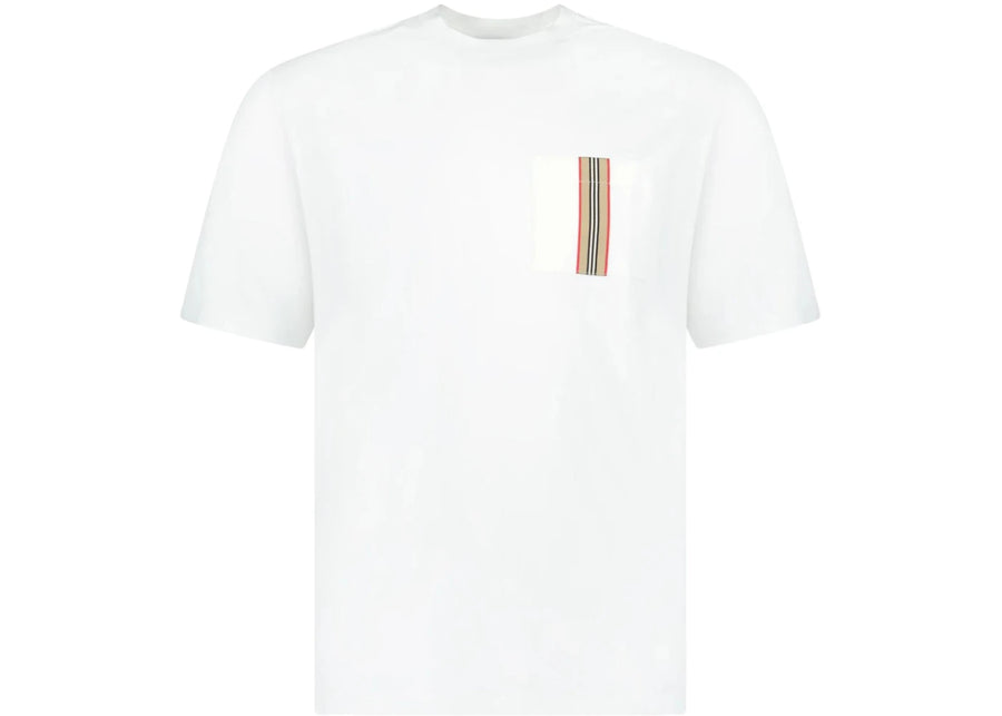 T-shirt Burberry blanc en coton à rayures et poche.