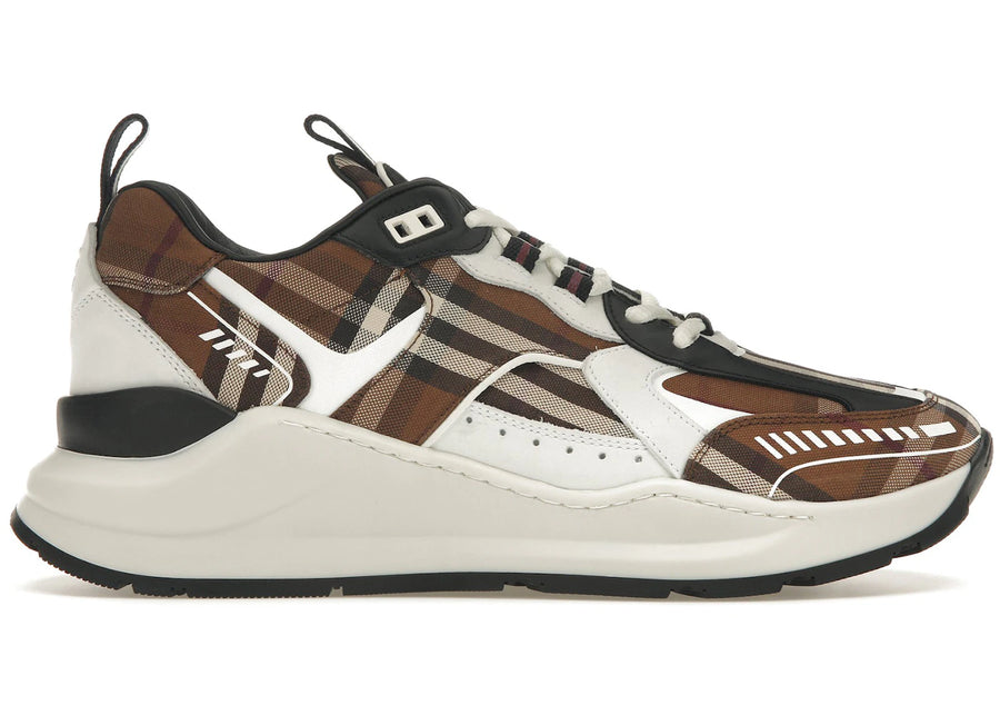 Baskets Burberry Vintage Check en coton et cuir, marron foncé et blanc