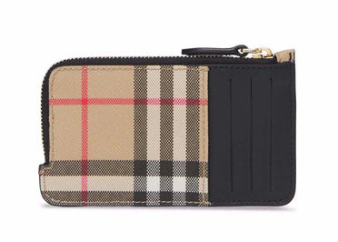 Étui à cartes zippé Burberry Vintage Check en cuir noir et beige