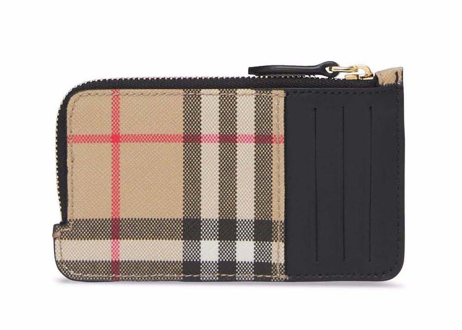 Étui à cartes zippé Burberry Vintage Check en cuir noir et beige