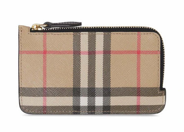 Étui à cartes zippé Burberry Vintage Check en cuir noir et beige