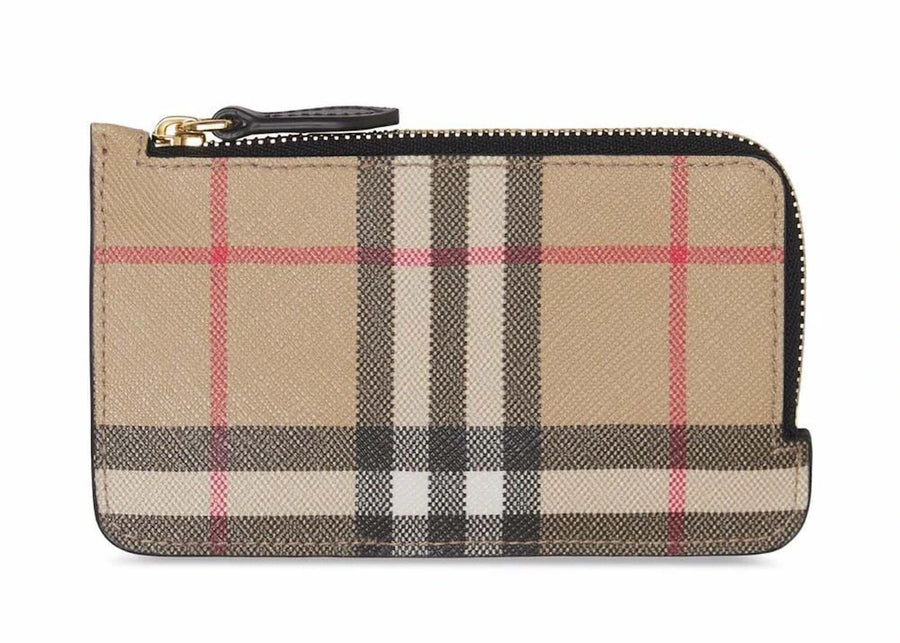 Étui à cartes zippé Burberry Vintage Check en cuir noir et beige