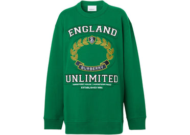 Sweat-shirt oversize Burberry pour femme, imprimé universitaire, en coton, vert pin foncé/multicolore