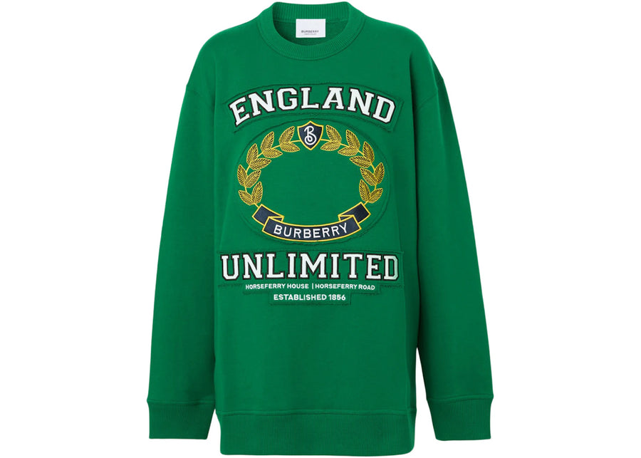 Sweat-shirt oversize Burberry pour femme, imprimé universitaire, en coton, vert pin foncé/multicolore