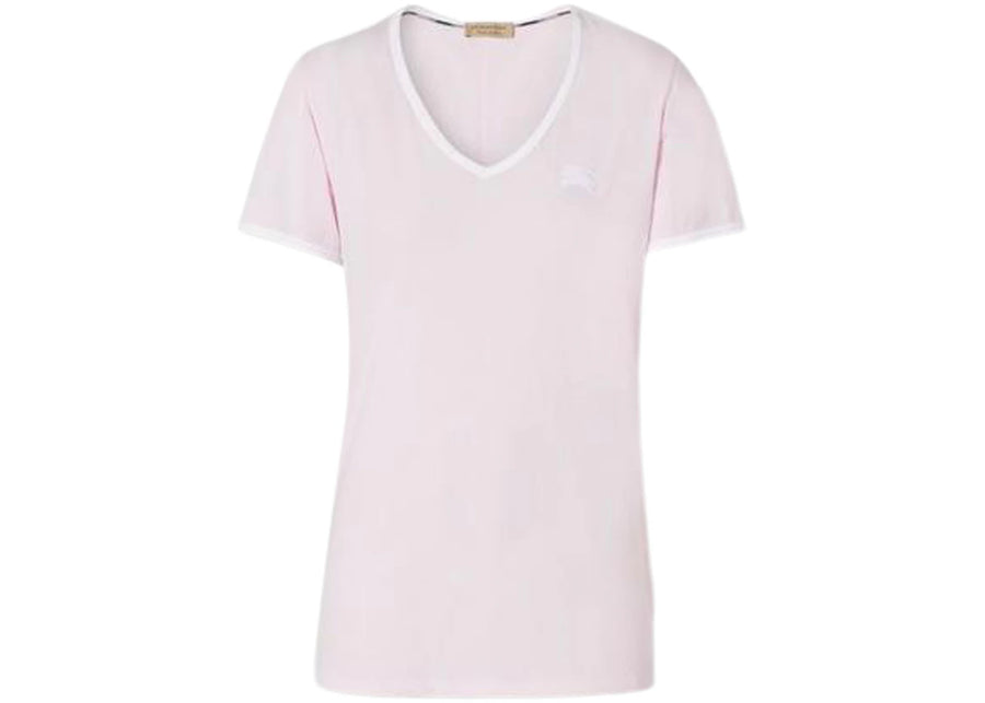 T-shirt Burberry pour femme, col V, monogramme brodé EKD, rose et blanc